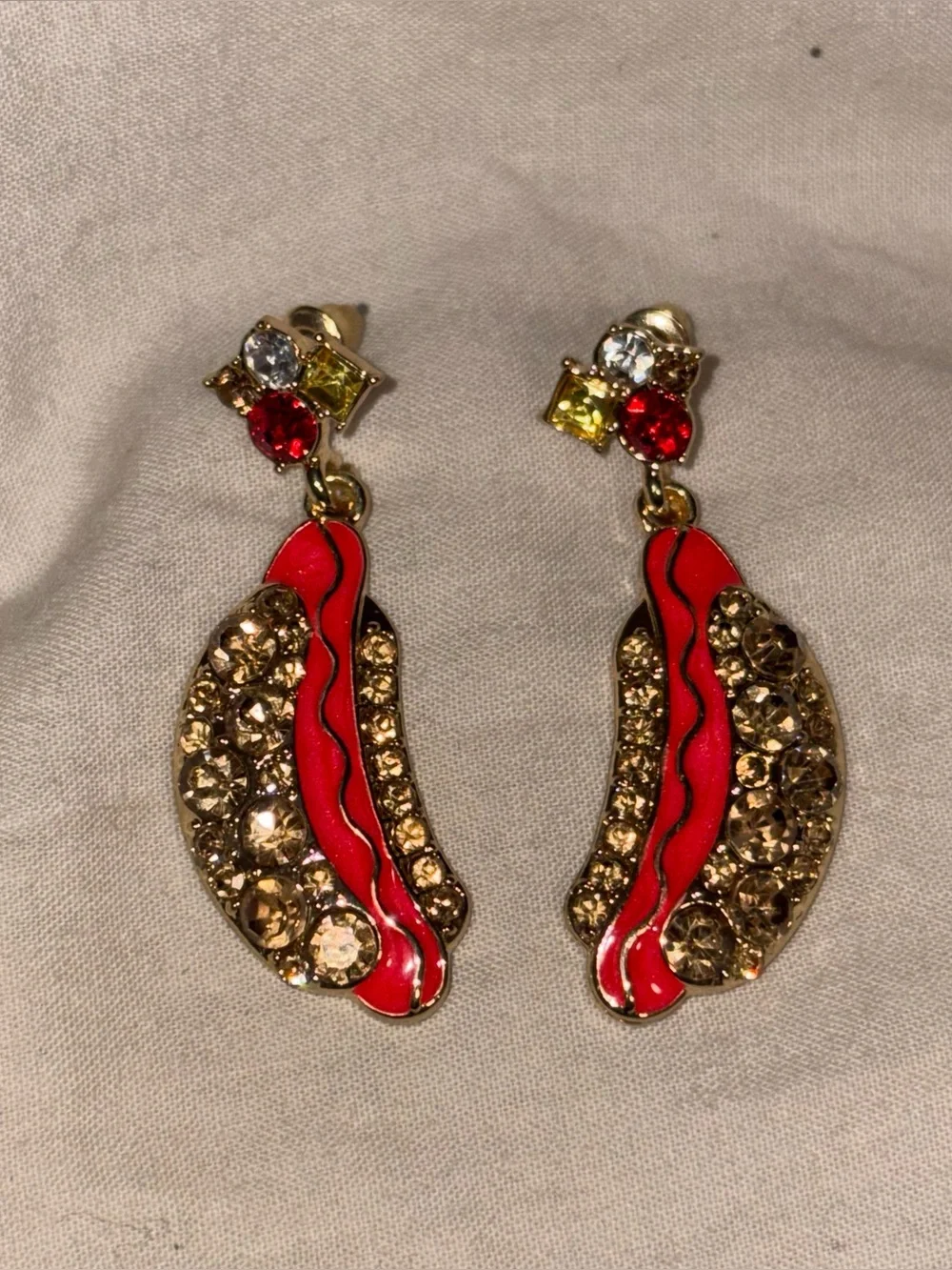 Hot Dog Dangle Earrings Rhinestone Foodie Quirky Statement Accessory